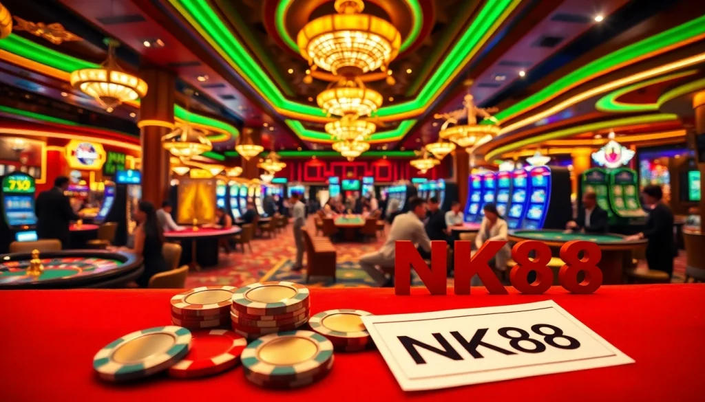 Engage with NK88 in a luxurious casino environment filled with vibrant gaming activities.