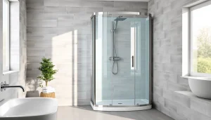 Die duschkabine 90x90 komplett in einem modernen Badezimmer-Setting, elegant und einladend gestaltet.