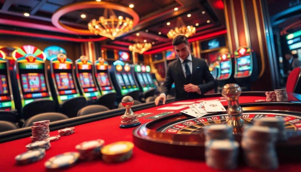Experience the excitement of casino 8kbet with a vibrant gaming atmosphere featuring poker tables and roulette wheels.
