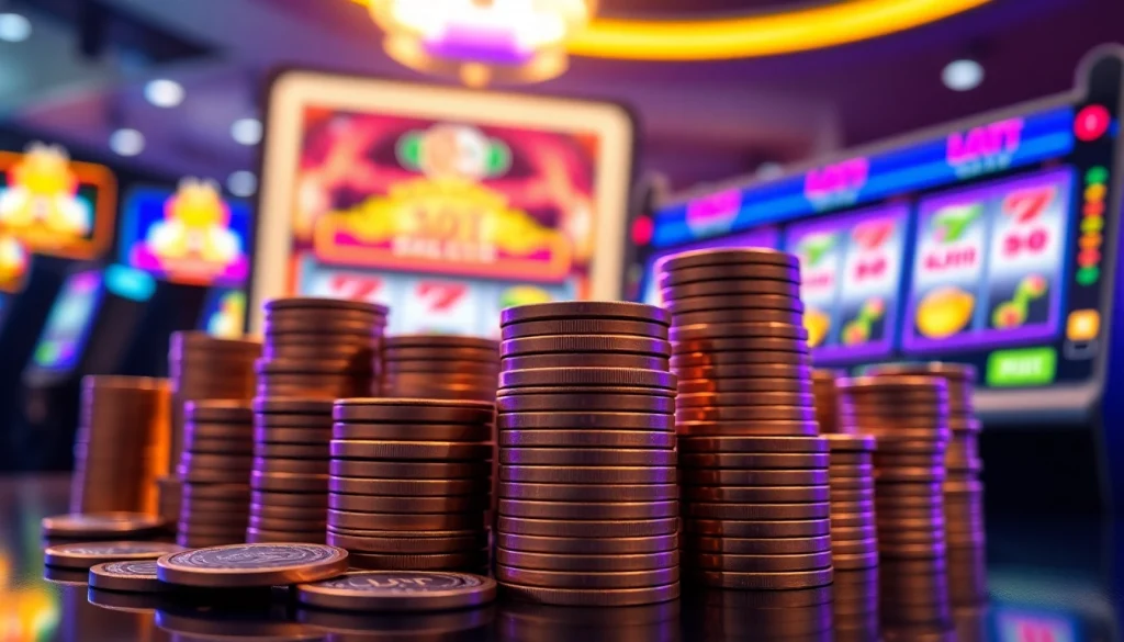 Menangkan slot depo 1k dengan visual yang menggambarkan keseruan permainan slot dan tumpukan koin.