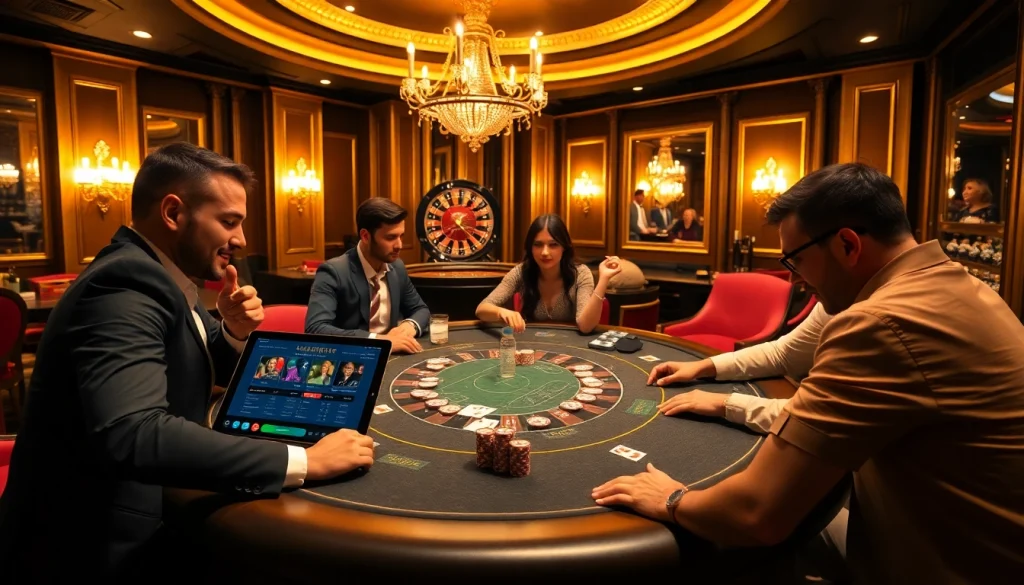 This gambling scene at https://okwin.blog/ showcases a professional poker table with enthusiastic players and vibrant poker chips.