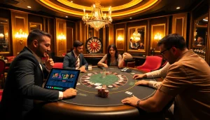 This gambling scene at https://okwin.blog/ showcases a professional poker table with enthusiastic players and vibrant poker chips.
