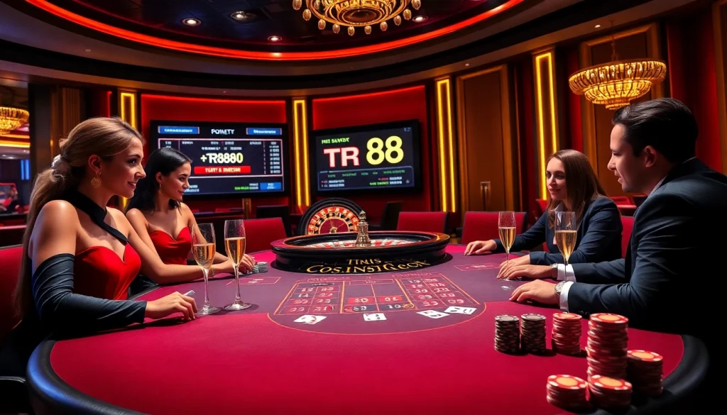 Players engaging in high-stakes poker with TR88 betting odds displayed in a vibrant casino.