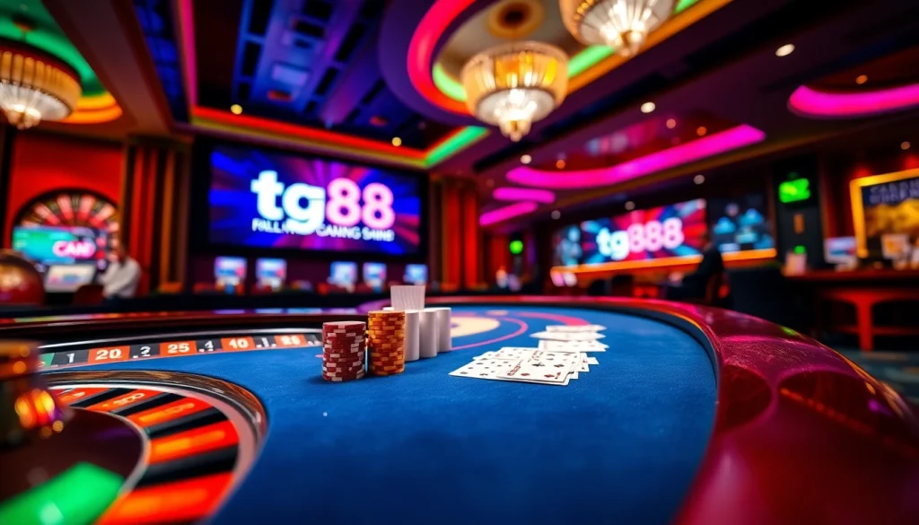 Experience exciting gameplay with tg88 đăng nhập at a luxurious casino, showcasing poker chips and a roulette wheel.