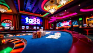 Experience exciting gameplay with tg88 đăng nhập at a luxurious casino, showcasing poker chips and a roulette wheel.