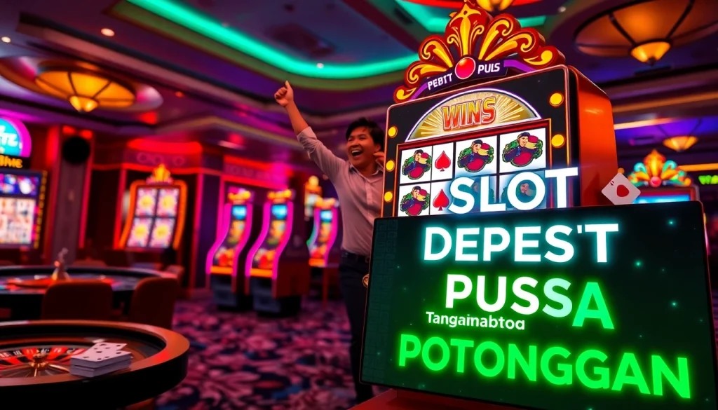 Momen seru di kasino dengan deposit pulsa slot tanpa potongan yang menampilkan kemenangan mesin slot yang berwarna-warni.