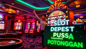 Momen seru di kasino dengan deposit pulsa slot tanpa potongan yang menampilkan kemenangan mesin slot yang berwarna-warni.