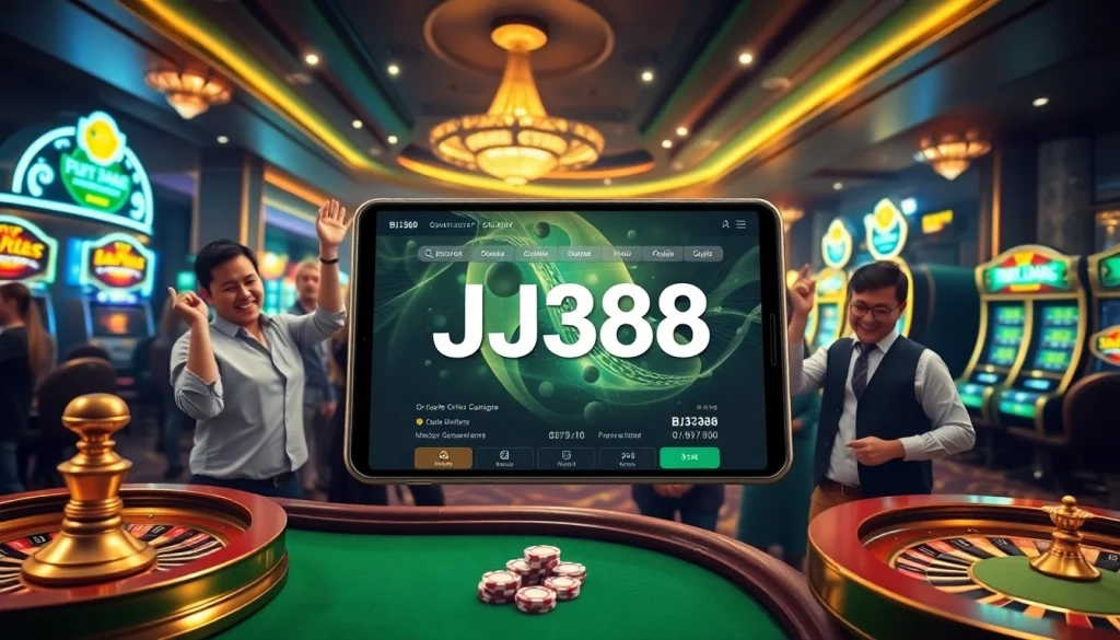 BJ388 players enjoying an exciting online gambling experience with a luxurious casino atmosphere.