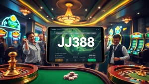 BJ388 players enjoying an exciting online gambling experience with a luxurious casino atmosphere.