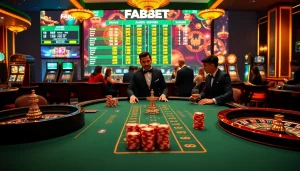 Experience the excitement of FABET with a vibrant casino scene featuring blackjack tables and roulette wheels.