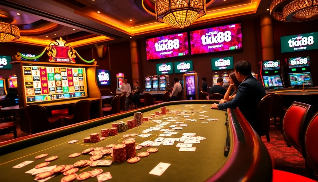 Engaging players at Tk88 MVP casino table with vibrant chips and illuminated slot machines.