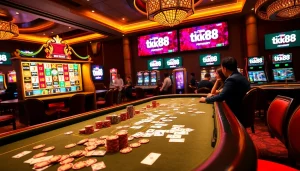 Engaging players at Tk88 MVP casino table with vibrant chips and illuminated slot machines.