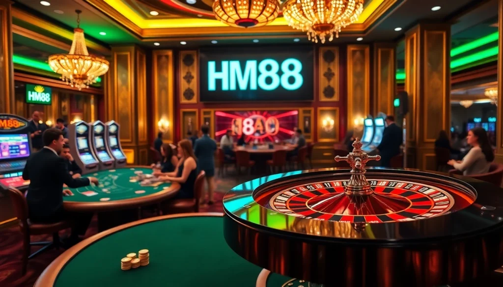Experience the luxurious excitement of HM88 at an upscale casino with vibrant roulette and blackjack tables.