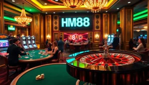Experience the luxurious excitement of HM88 at an upscale casino with vibrant roulette and blackjack tables.
