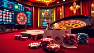 A thrilling j88 casino experience with vibrant gaming table, roulette wheel, and betting slips.