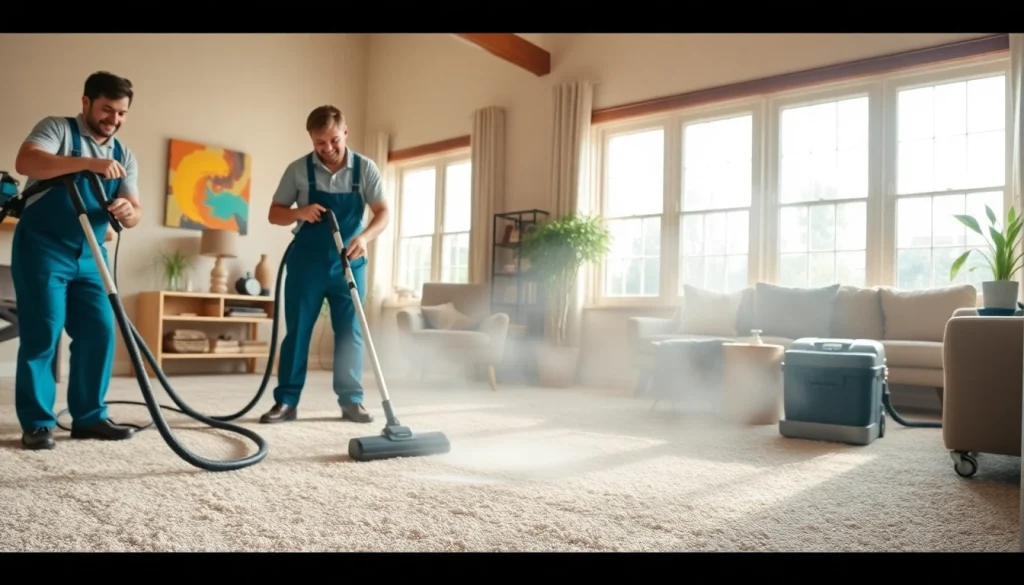 Local carpet cleaners using advanced techniques to refresh a vibrant living room carpet.