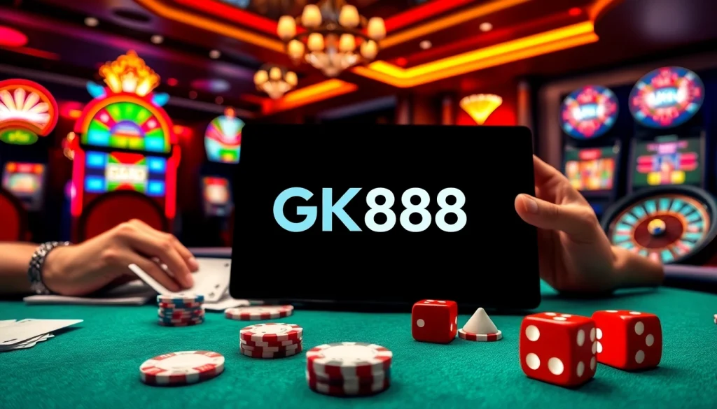 Experience the excitement of GK88 at a vibrant casino with poker chips and table games.