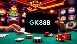 Experience the excitement of GK88 at a vibrant casino with poker chips and table games.