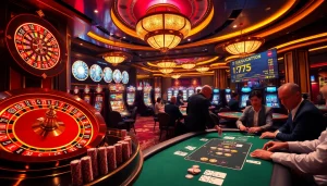 Experience the thrill of gojekpot gaming in a luxurious casino setting with vibrant slot machines and roulette.