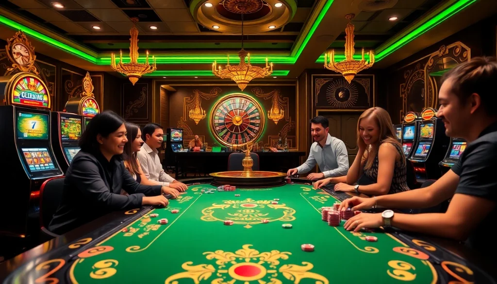Players engaging at a vibrant casino table with raja 88-themed poker chips and slot machines.