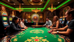 Players engaging at a vibrant casino table with raja 88-themed poker chips and slot machines.