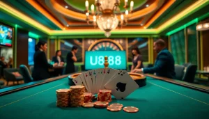 Experience thrilling betting with U888's vibrant casino scene featuring poker chips and a spinning roulette wheel.