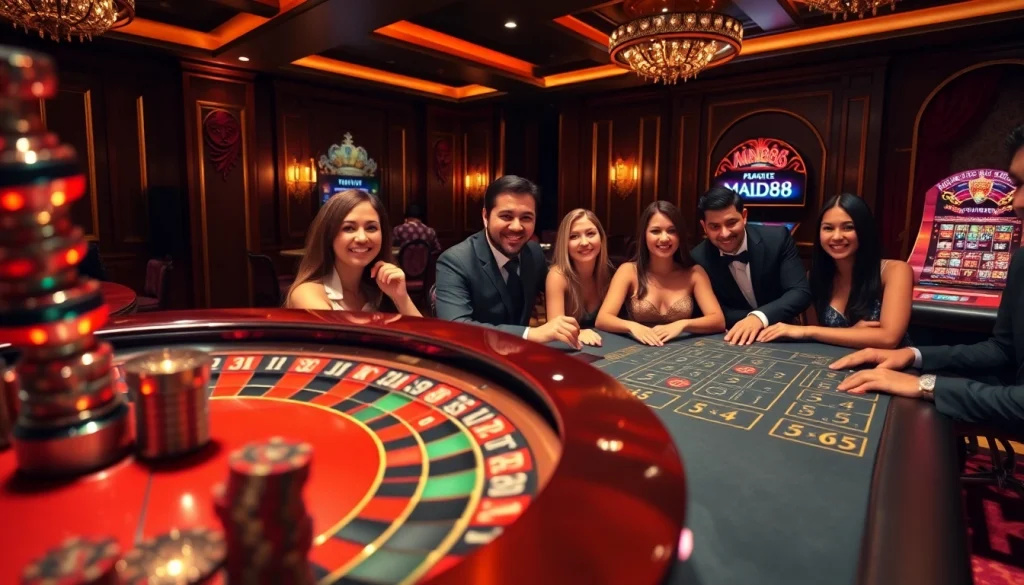 Exciting casino scene showcasing the thrill of gambling at Man88 with roulette, poker, and slots.