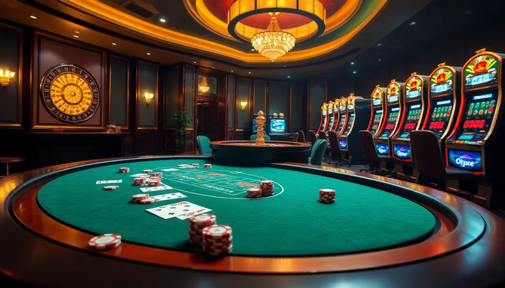 Cảnh casino LUCK8 đầy hứng khởi, có máy đánh bạc sống động, chip poker và bánh xe roulette.