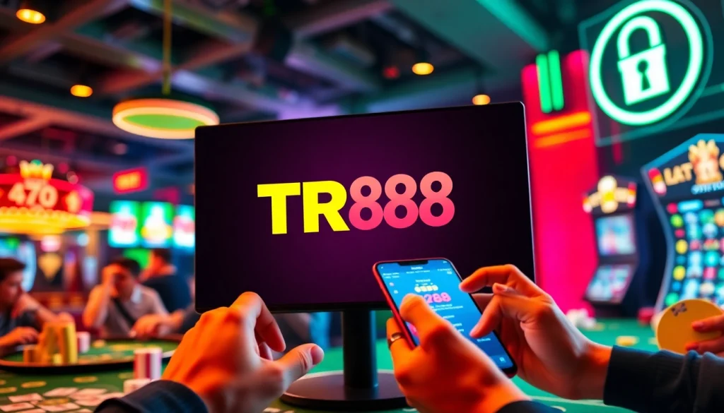 Engaging TR88 online casino scene with players betting and the logo, signifying excitement and security.