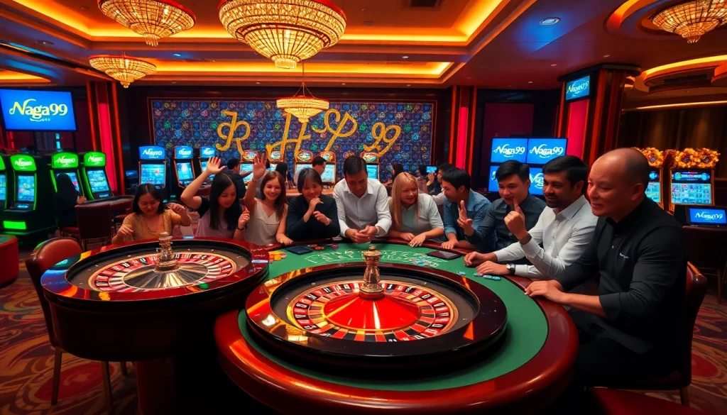 Naga99 players celebrating wins at a vibrant casino with roulette and poker tables.