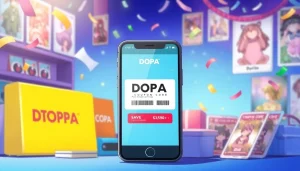 DOPAオリパクーポン アニメカードを背景にしたプロモーション用スマートフォンディスプレイ