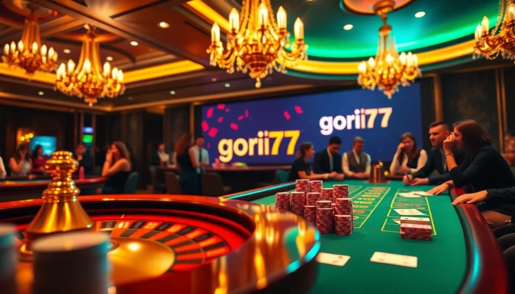 Players enjoying a thrilling game at the gori77 casino tables, featuring poker chips and cards.