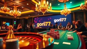 Players enjoying a thrilling game at the gori77 casino tables, featuring poker chips and cards.