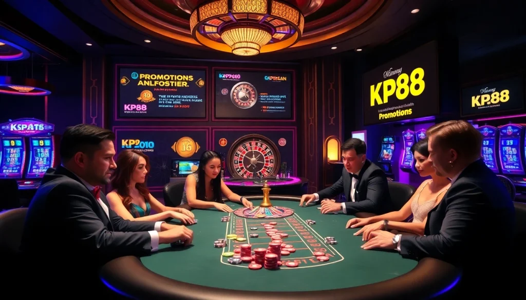 Exciting poker game at KP88 casino, highlighting chips and roulette wheel.