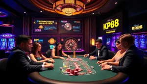 Exciting poker game at KP88 casino, highlighting chips and roulette wheel.