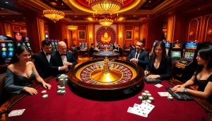 Exciting casino scene featuring players engaging at tables with poker chips, showcasing https://tt88.de.com.