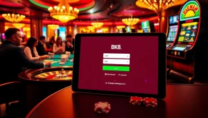 Engaging gamblers with a colorful BK8 login interface set amidst an exciting casino atmosphere.