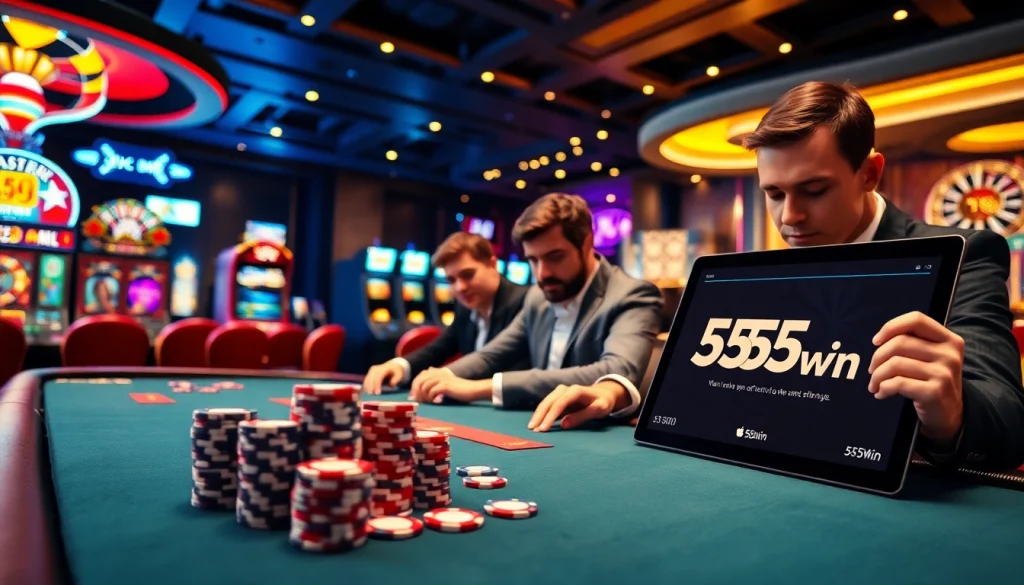 Poker players strategizing at a casino table with 555win digital interface visible.