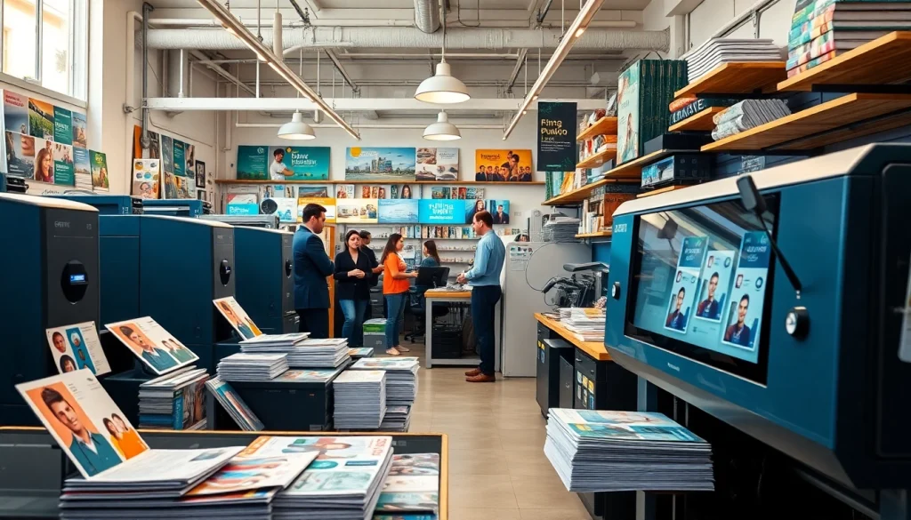 Imprenta en Alicante mostrando materiales impresos vibrantes y un equipo profesional en acción.