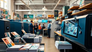 Imprenta en Alicante mostrando materiales impresos vibrantes y un equipo profesional en acción.