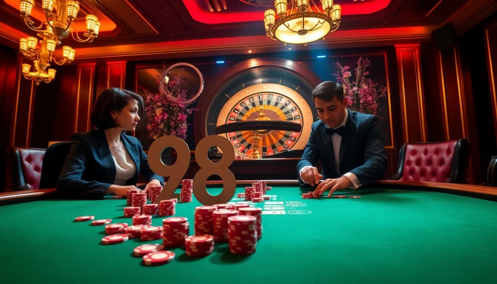 Experience the excitement of high-stakes gambling at 98WIN casino with poker tables and roulette.