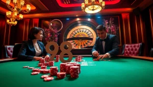 Experience the excitement of high-stakes gambling at 98WIN casino with poker tables and roulette.
