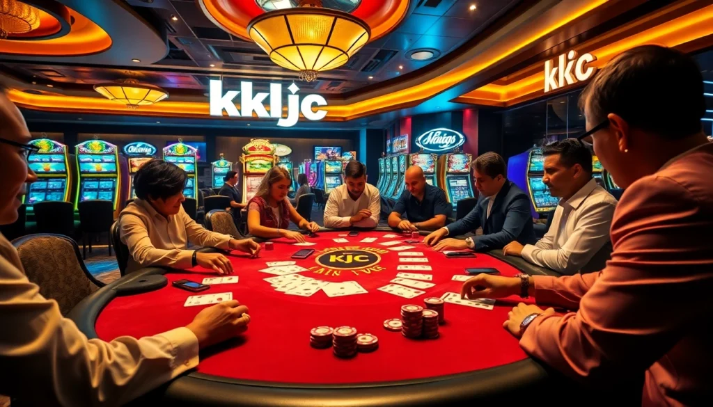 Players enjoying a high-stakes poker game at KJC casino, showcasing vibrant chips and excitement.