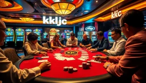 Players enjoying a high-stakes poker game at KJC casino, showcasing vibrant chips and excitement.