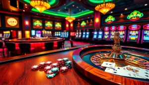 Luck8 casino table filled with chips and cards, showcasing the thrill of high-stakes gambling.