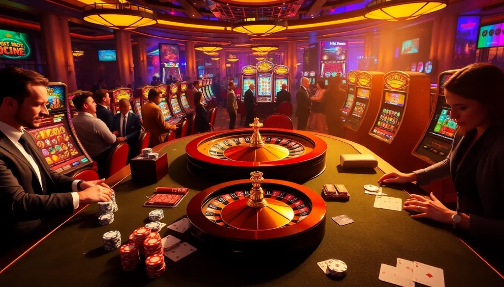 Players enjoying an exciting gaming experience at 32win.com with vibrant casino tables and dynamic atmosphere.