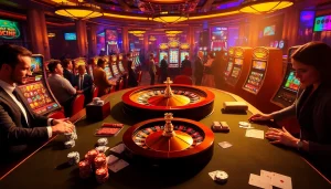 Players enjoying an exciting gaming experience at 32win.com with vibrant casino tables and dynamic atmosphere.