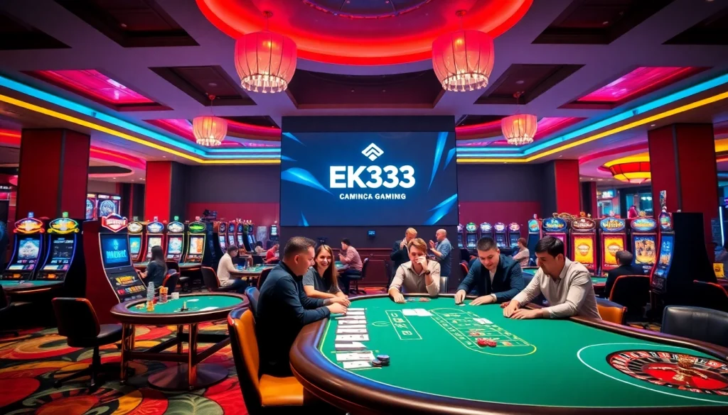 Experience the thrill of gaming at EK333's modern casino environment featuring poker tables and slots.