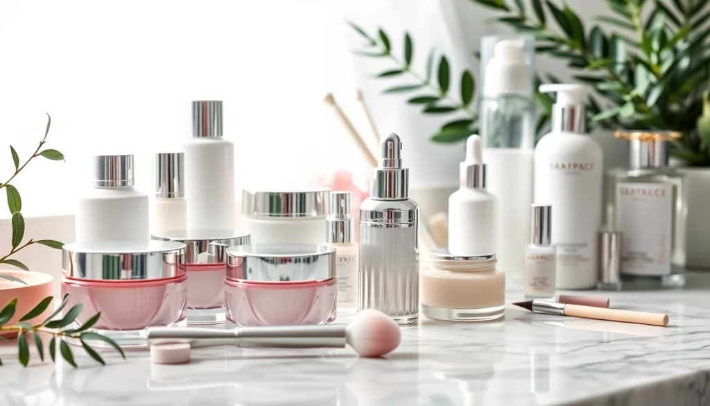 Kosmetika odos priežiūros produktai estetiškai išdėstyti ant marmuro stalo.
