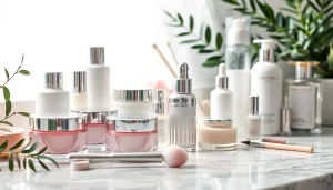 Kosmetika odos priežiūros produktai estetiškai išdėstyti ant marmuro stalo.